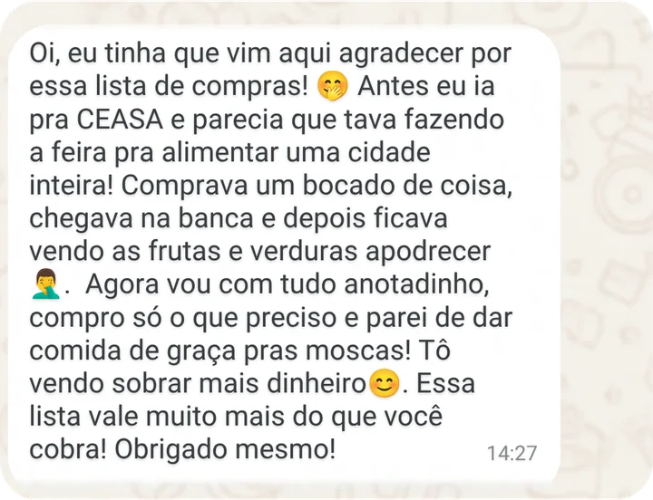 Mensagem no WhatsApp: Antes eu ia pra CEASA e parecia que tava fazendo a feira pra alimentar uma cidade inteira. Agora vou com tudo anotadinho, compro só o que preciso e tô vendo sobrar mais dinheiro.