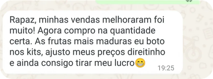 Mensagem no WhatsApp: Minhas vendas melhoraram foi muito! Agora compro na quantidade certa, ajusto meus preços direitinho e ainda consigo tirar meu lucro.