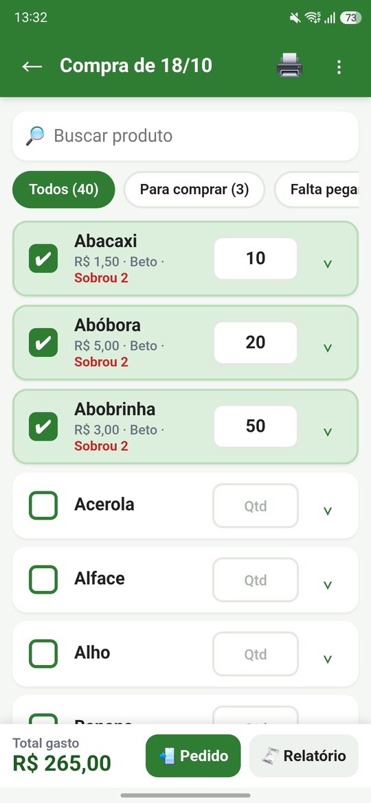Tela do app Minhas Compras com a lista de compras: produtos marcados, quantidade, preço, sobra, fornecedor e o total gasto