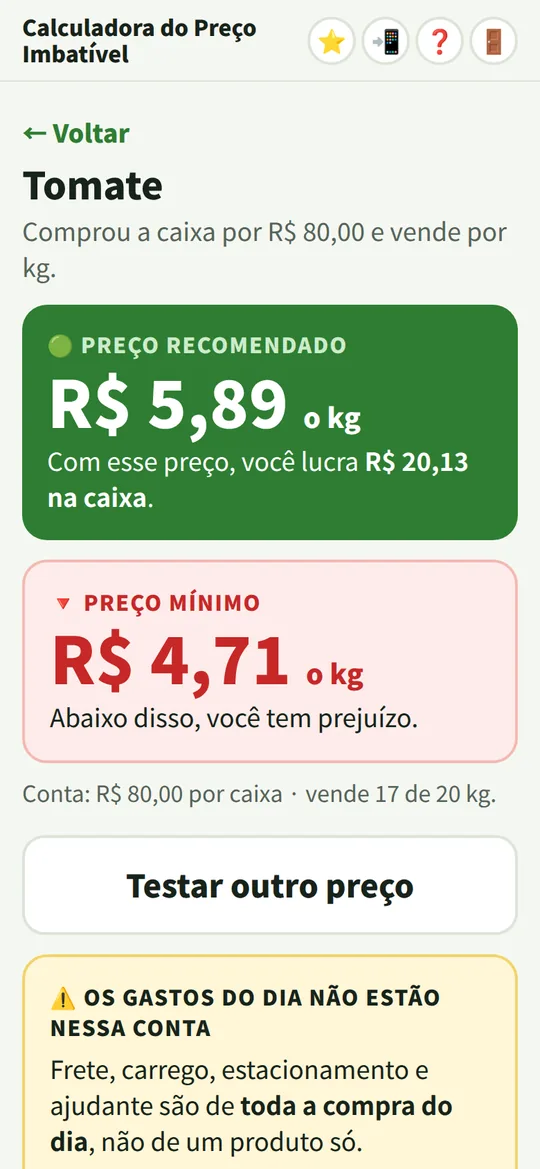 Tela da calculadora: tomate comprado a R$ 80 a caixa. Preço recomendado R$ 5,89 o kg, com lucro de R$ 20,13 na caixa. Preço mínimo R$ 4,71 o kg.