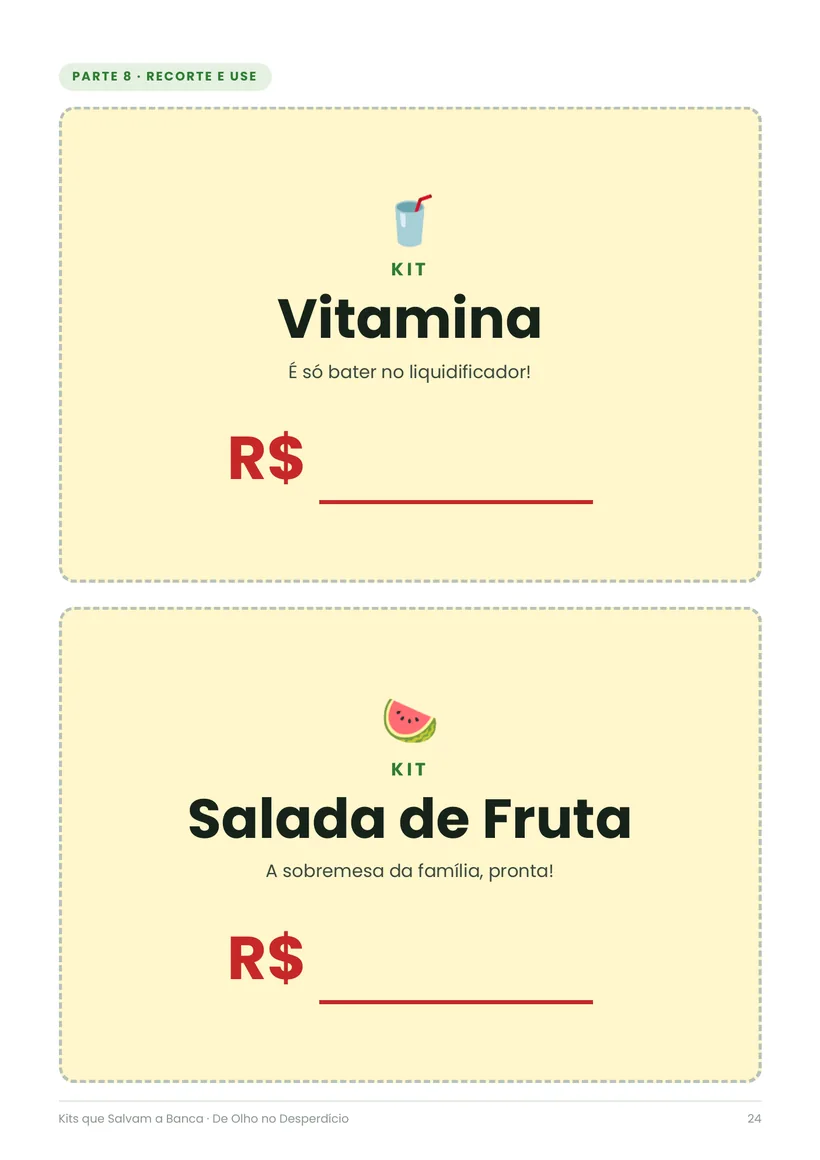 Placas para imprimir: Kit Vitamina e Kit Salada de Fruta, com espaço para o preço
