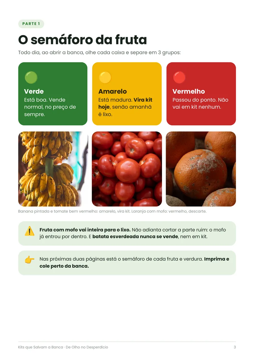 Página do semáforo da fruta: verde, amarelo e vermelho